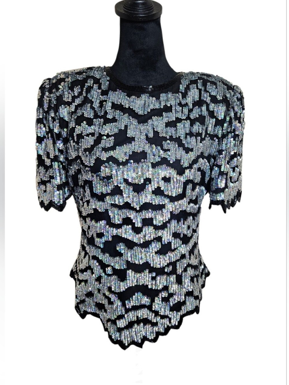 Vintage Laurence Kazar Black& Silver 100% Silk Sequin Short-Sleeve Evening Top L